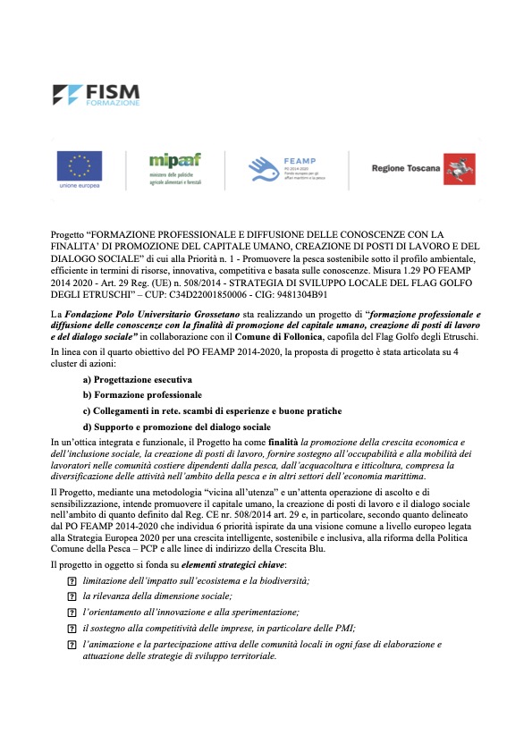 Progetto “FORMAZIONE PROFESSIONALE E DIFFUSIONE DELLE CONOSCENZE CON LA FINALITÀ DI PROMOZIONE DEL CAPITALE UMANO, CREAZIONE DI POSTI DI LAVORO E DEL DIALOGO SOCIALE”